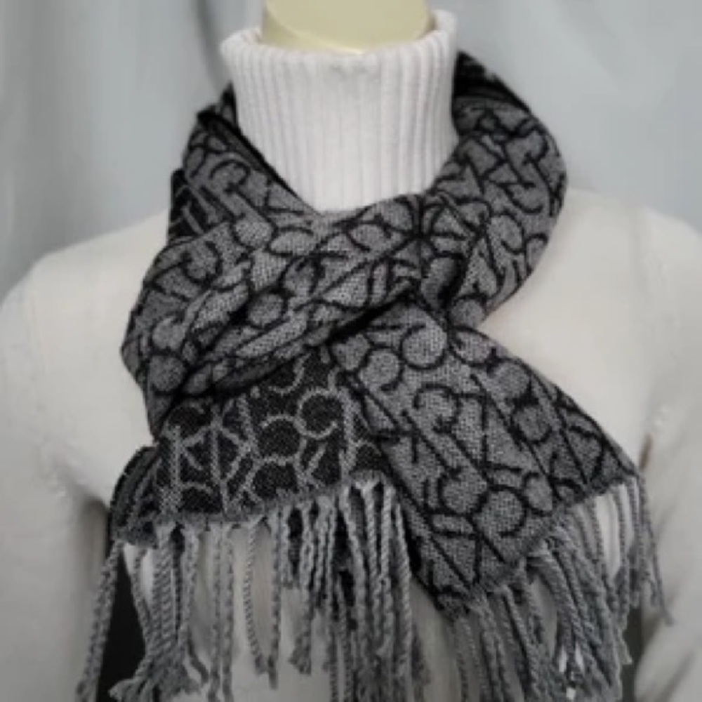 Calvin Klein Signature Black Gray Reversible Monogram Scarf NWT OS 6KS3323